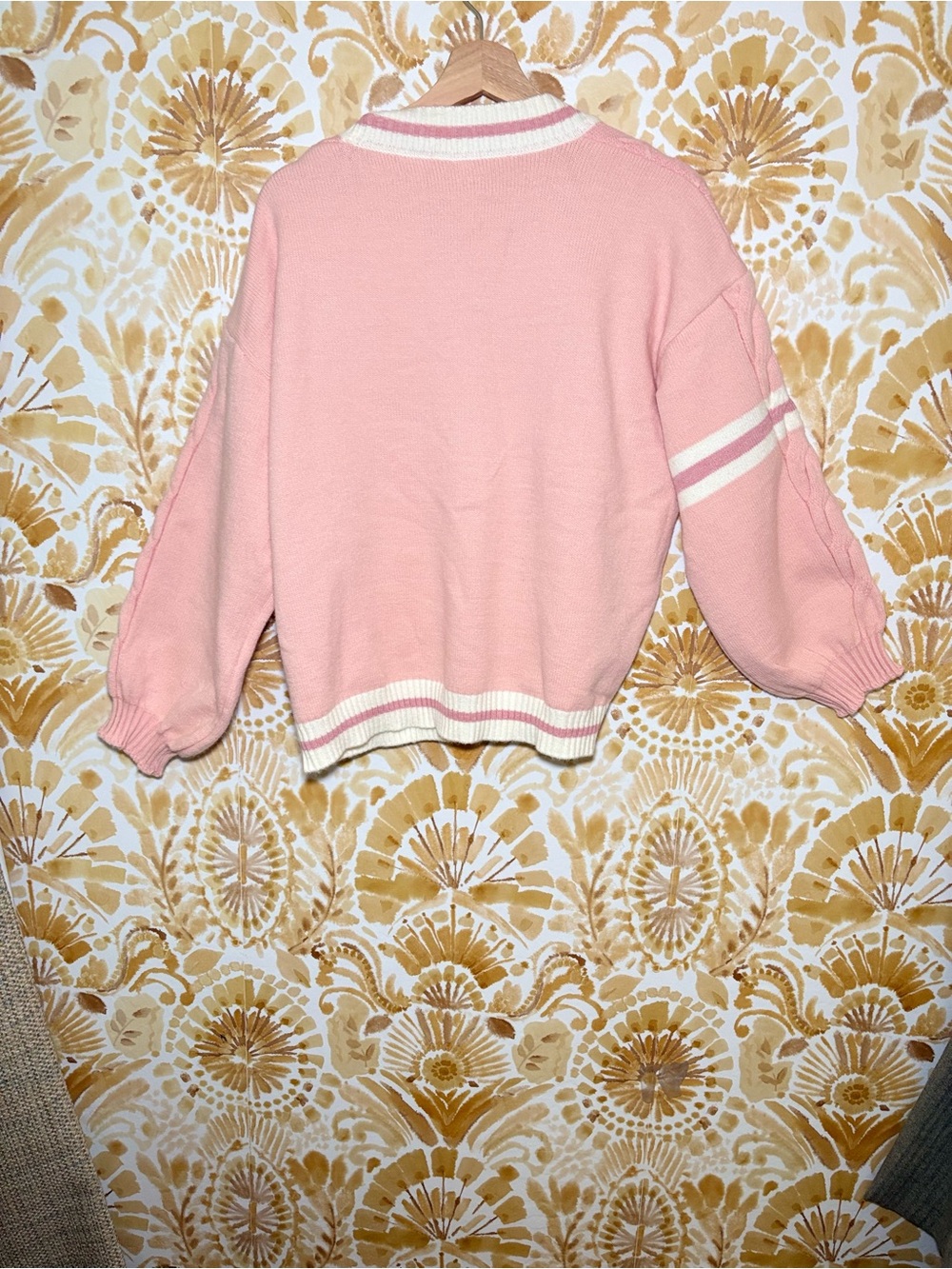 NWT Pink Cable Knit Varsity Cardigan | Oversized Preppy Cottagecore Sweater - Picture 4 of 10